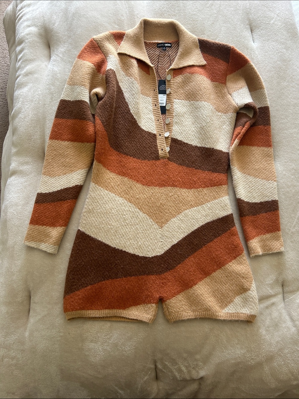 Fashion Nova Striped V-Neck Knit Romper in Cream, Brown & Rust